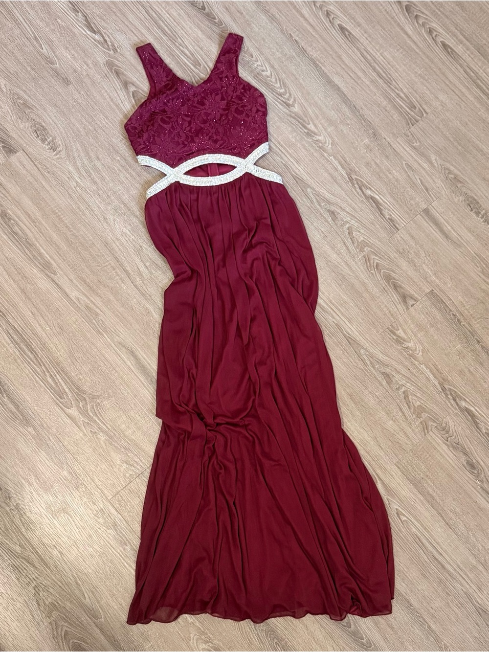 Speechless Burgundy Lace Bodice Beaded-Cutout Prom Dress